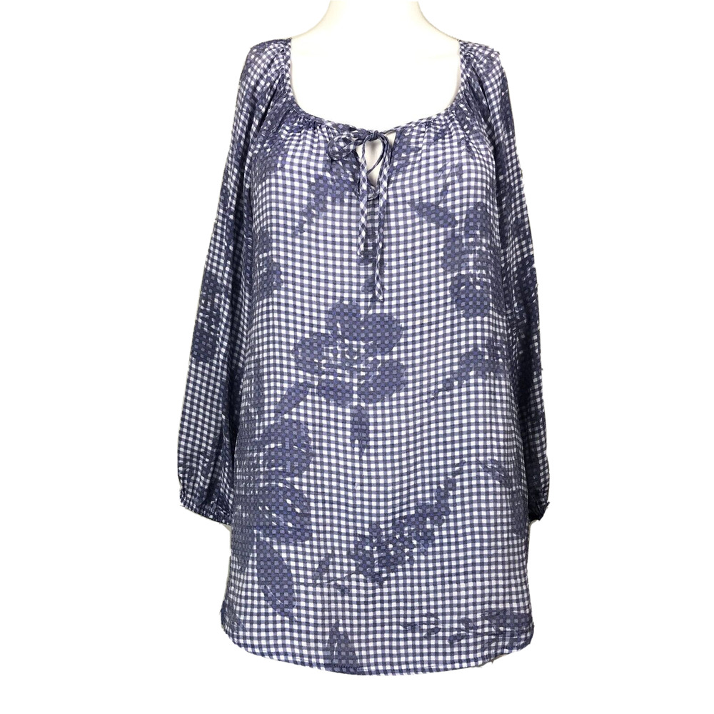 Fred David Shirt Women Sz L Blue White Gingham Floral Pullover Tie Front Peasant